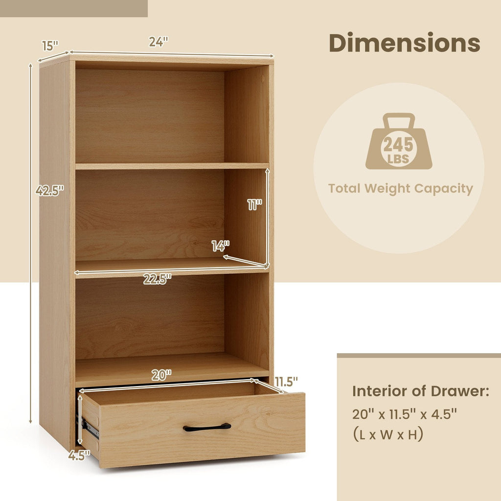 4-stufiges Bücherregal mit Schublade und Kippsicherung, 48 Zoll, Regal aus Naturholz