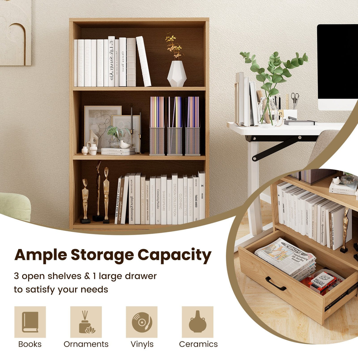 4-stufiges Bücherregal mit Schublade und Kippsicherung, 48 Zoll, Regal aus Naturholz