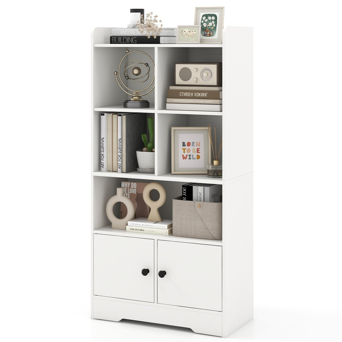 Bücherregal mit 4 Fächern und einem zweitürigen Schrank, weiß