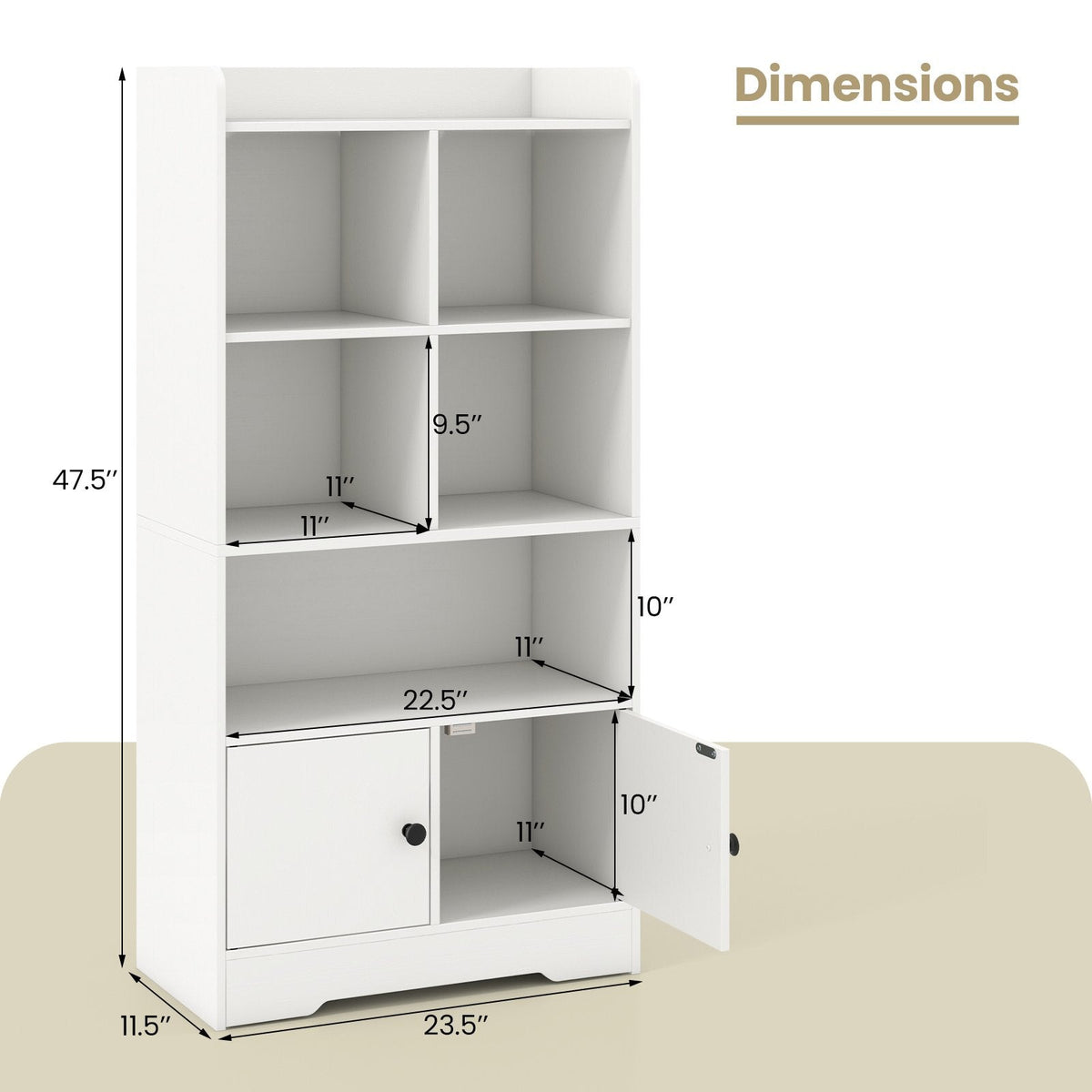Bücherregal mit 4 Fächern und einem zweitürigen Schrank, weiß