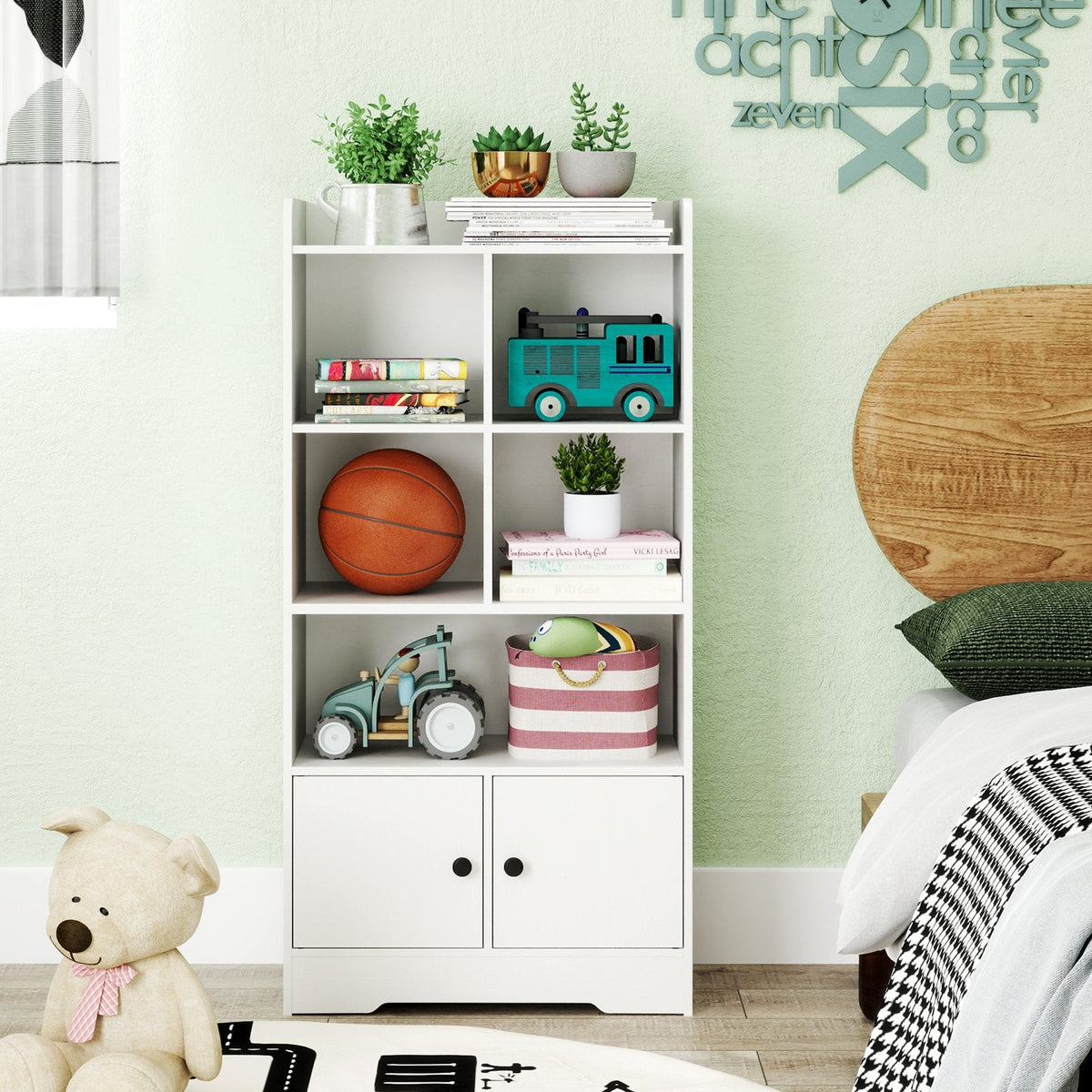 Bücherregal mit 4 Fächern und einem zweitürigen Schrank, weiß