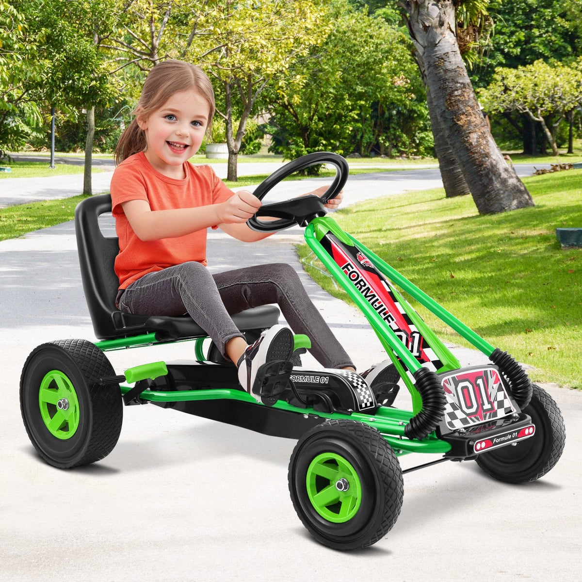 Kart à pédales 4 roues pour enfants - Voiture de course - Jouet d'extérieur - Vert
