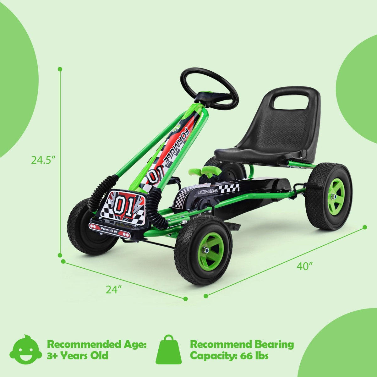 Kart à pédales 4 roues pour enfants - Voiture de course - Jouet d'extérieur - Vert