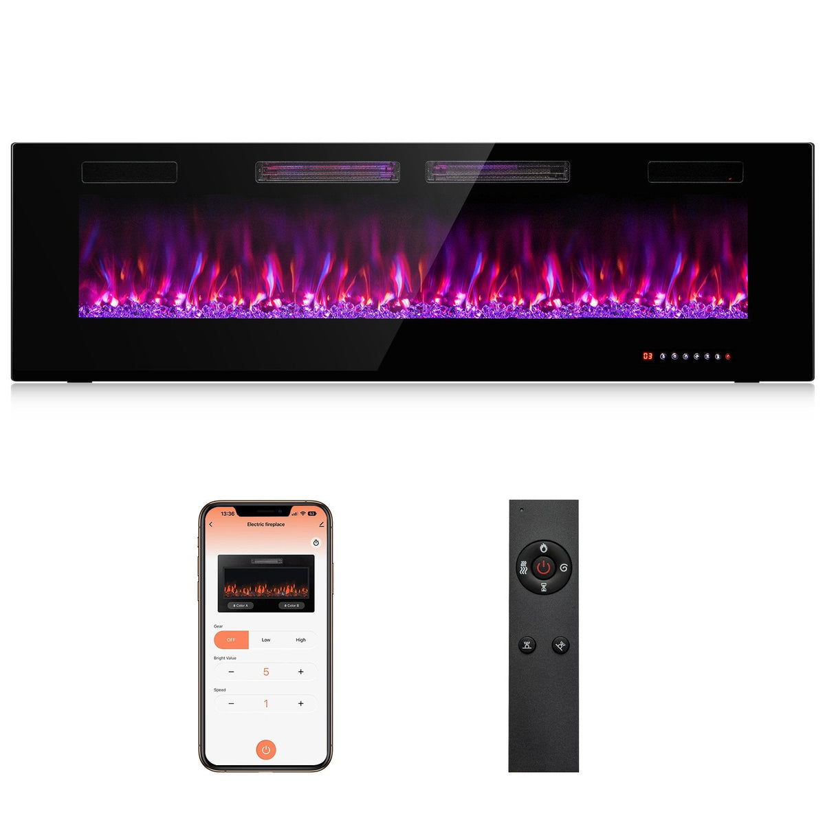 Cheminée électrique ultra-fine 42/50/60/72 pouces avec cristaux décoratifs - 60 pouces