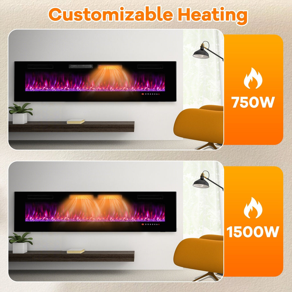 Chimenea eléctrica ultradelgada de 42/50/60/72 pulgadas con cristales decorativos - 72 pulgadas