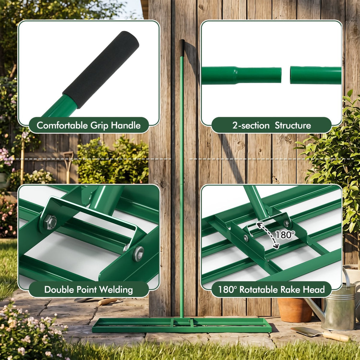 42 x 10 Inch Lawn Leveling Rake with Ergonomic Handle-Green