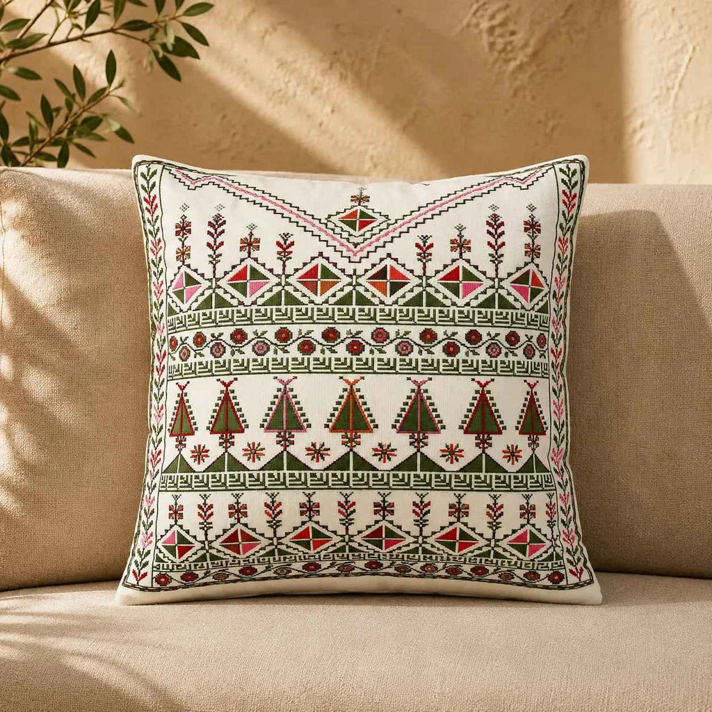Cushion Cover Set of 2 – Printed Palestinian Tatreez – 18×18 in – Olive Blossom