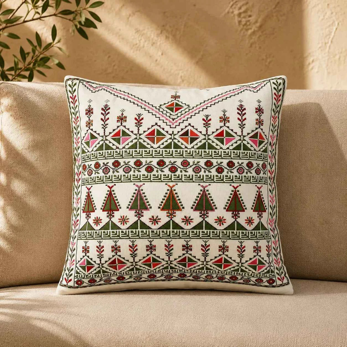 Cushion Cover Set of 2 – Printed Palestinian Tatreez – 18×18 in – Olive Blossom