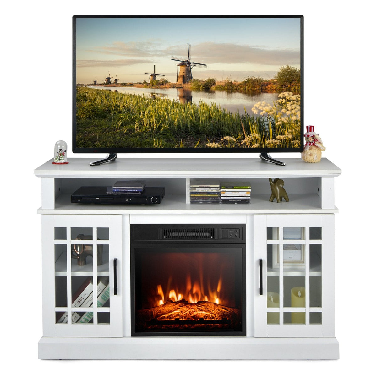 Mueble para TV con chimenea eléctrica de 48 pulgadas y gabinetes, para televisores de hasta 50 pulgadas - Blanco