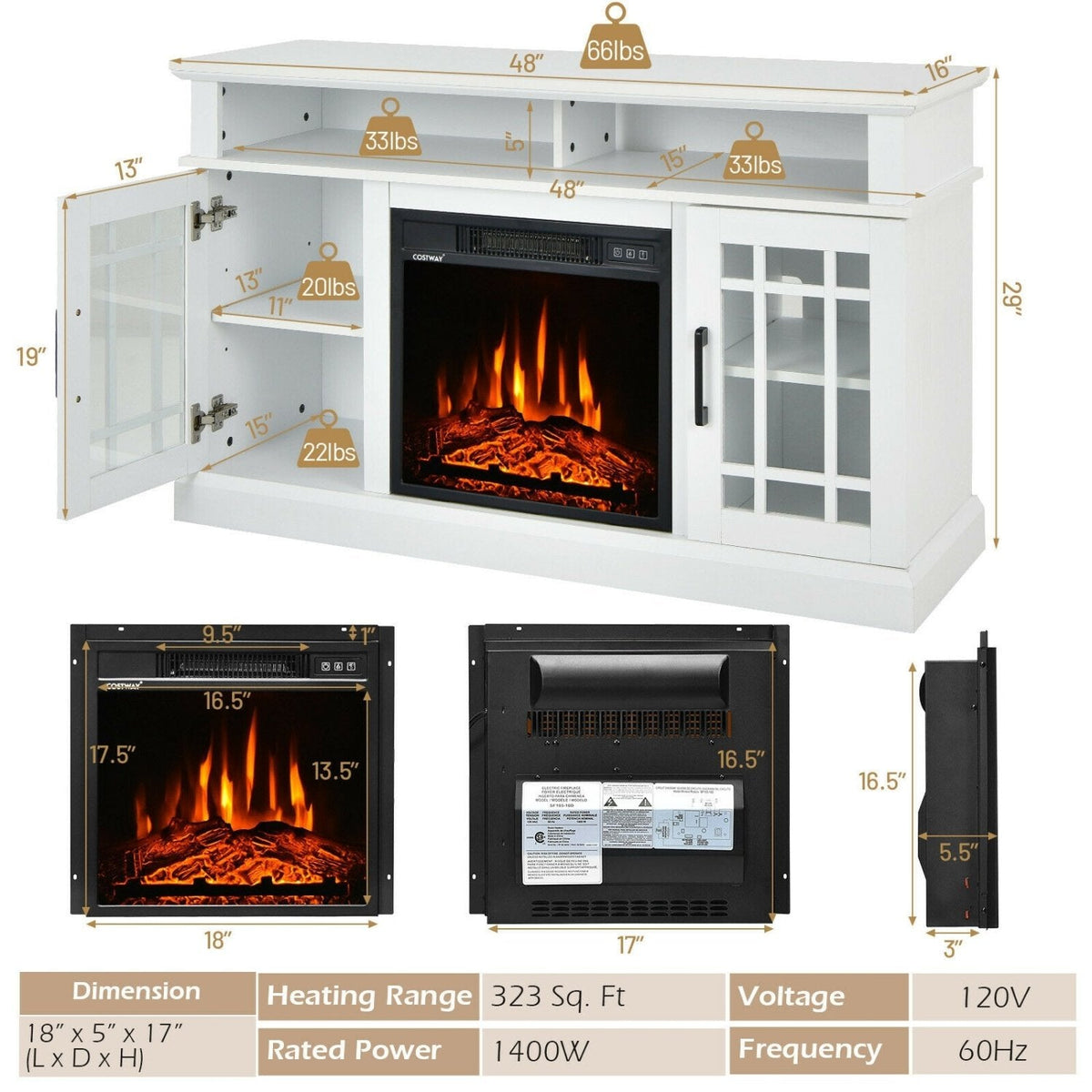 Mueble para TV con chimenea eléctrica de 48 pulgadas y gabinetes, para televisores de hasta 50 pulgadas - Blanco