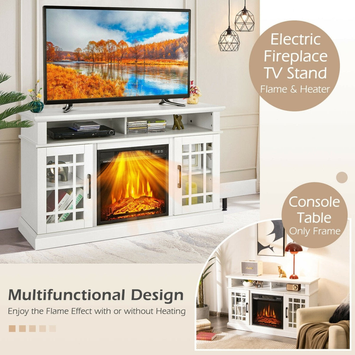 Mueble para TV con chimenea eléctrica de 48 pulgadas y gabinetes, para televisores de hasta 50 pulgadas - Blanco