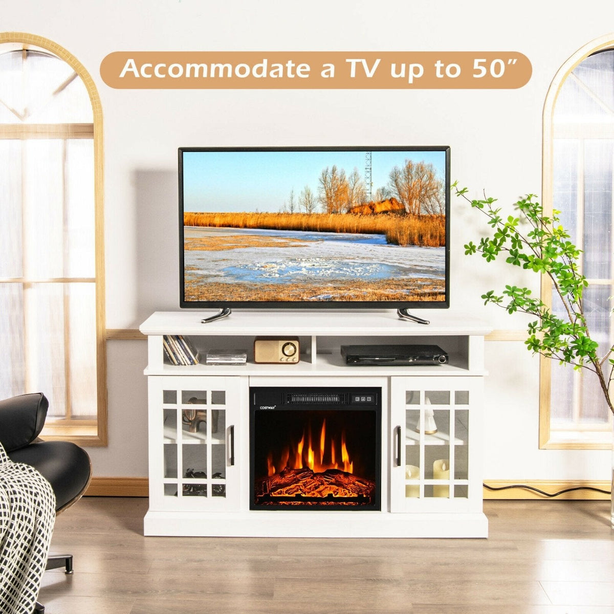 Mueble para TV con chimenea eléctrica de 48 pulgadas y gabinetes, para televisores de hasta 50 pulgadas - Blanco