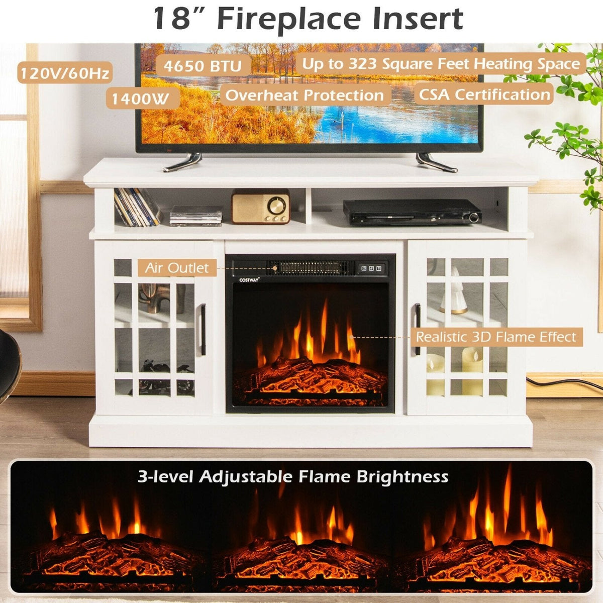Mueble para TV con chimenea eléctrica de 48 pulgadas y gabinetes, para televisores de hasta 50 pulgadas - Blanco