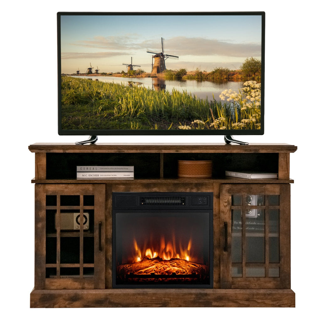 Meuble TV avec cheminée électrique de 48 pouces et armoires, pour téléviseurs jusqu'à 55 pouces - Marron