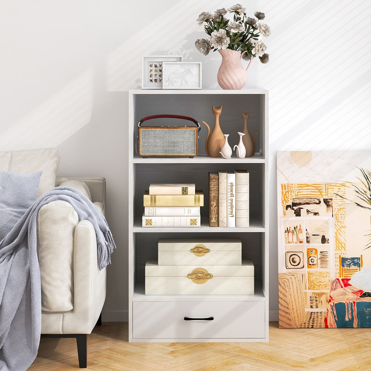 Bibliothèque en bois à 4 niveaux avec tiroir, hauteur 42,5 pouces, blanche