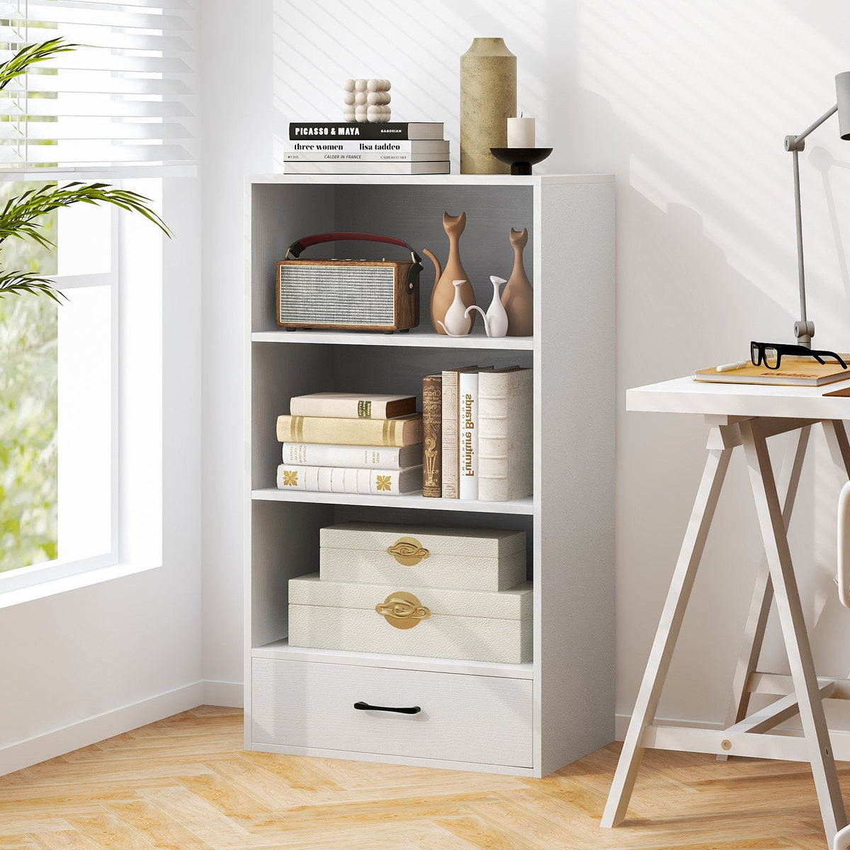 Bibliothèque en bois à 4 niveaux avec tiroir, hauteur 42,5 pouces, blanche