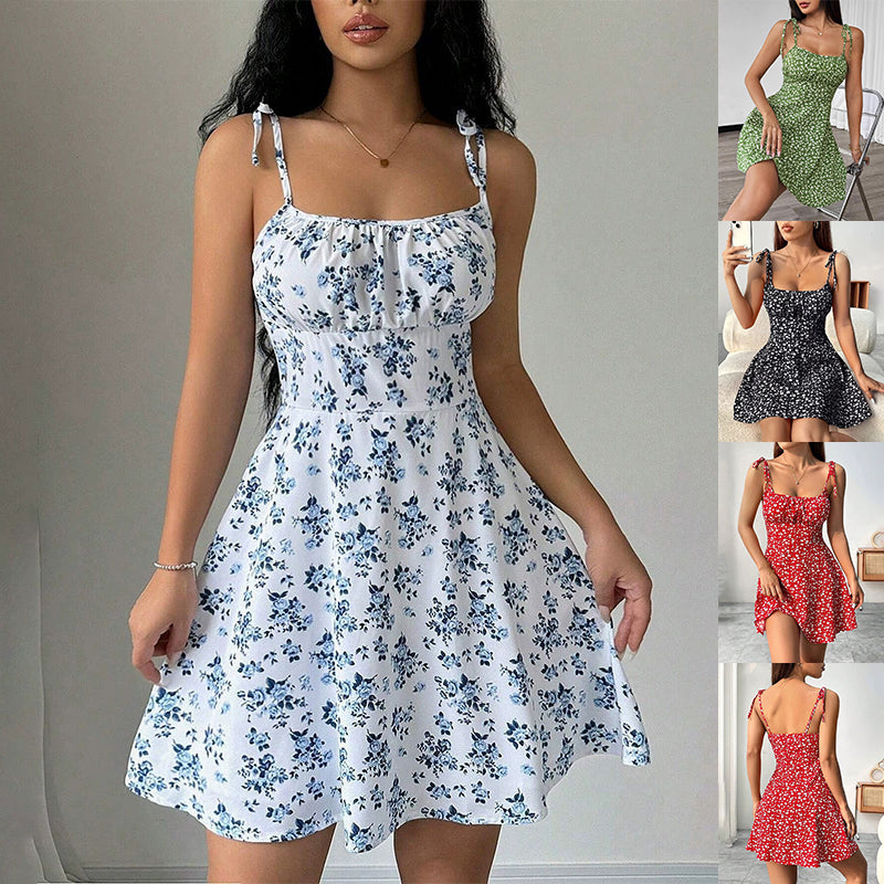 Vestido Estampado Floral de Verano Dulce Corte A con Ajuste de Cintura Vestidos Casuales Adelgazantes para Mujer
