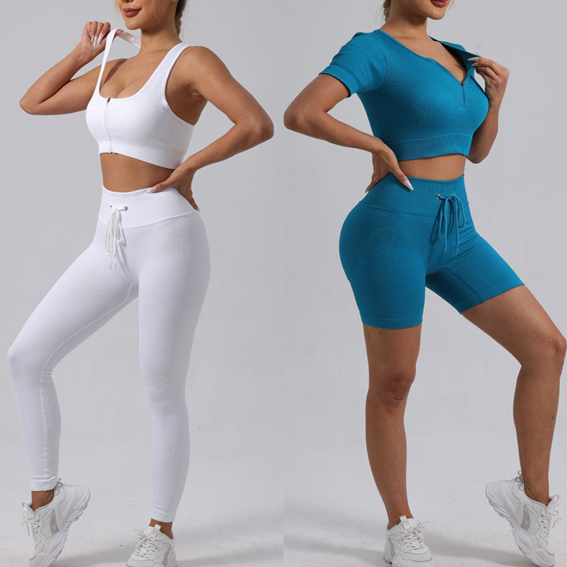 Gepolstertes Lauf-BH- & Yoga-Outfit-Set – Schnelltrocknende gerippte Sportbekleidung für Damen