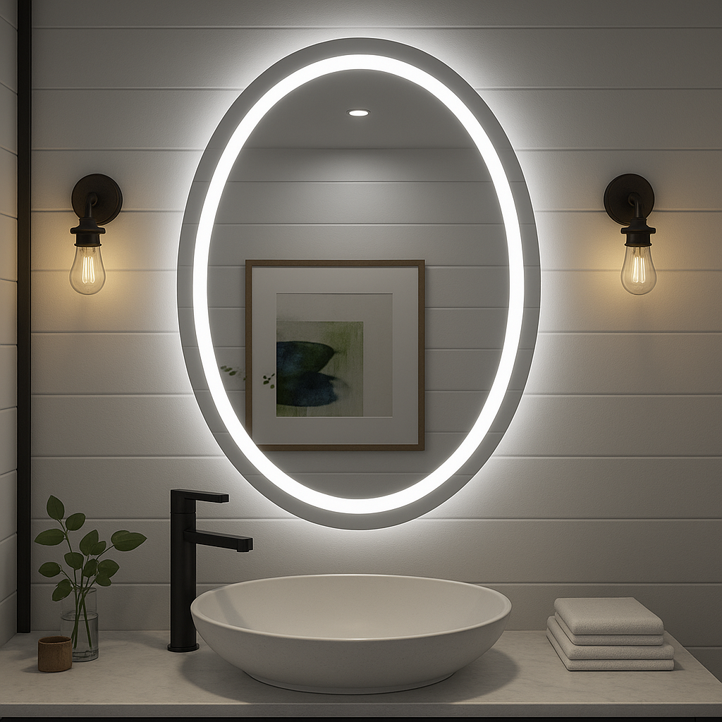 Espejo de baño LED ovalado Ondelle: aro con iluminación frontal + halo retroiluminado, antivaho | 24″×32″, 30″×36″