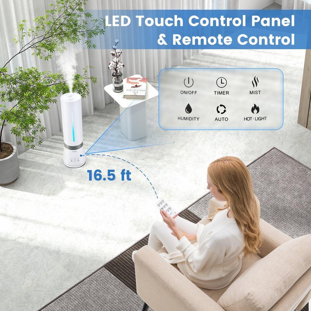 9 L Warm and Cool Mist Humidifier, 60 Hour Runtime, 2 Nozzles, 35 dB, Remote, Top Fill, White