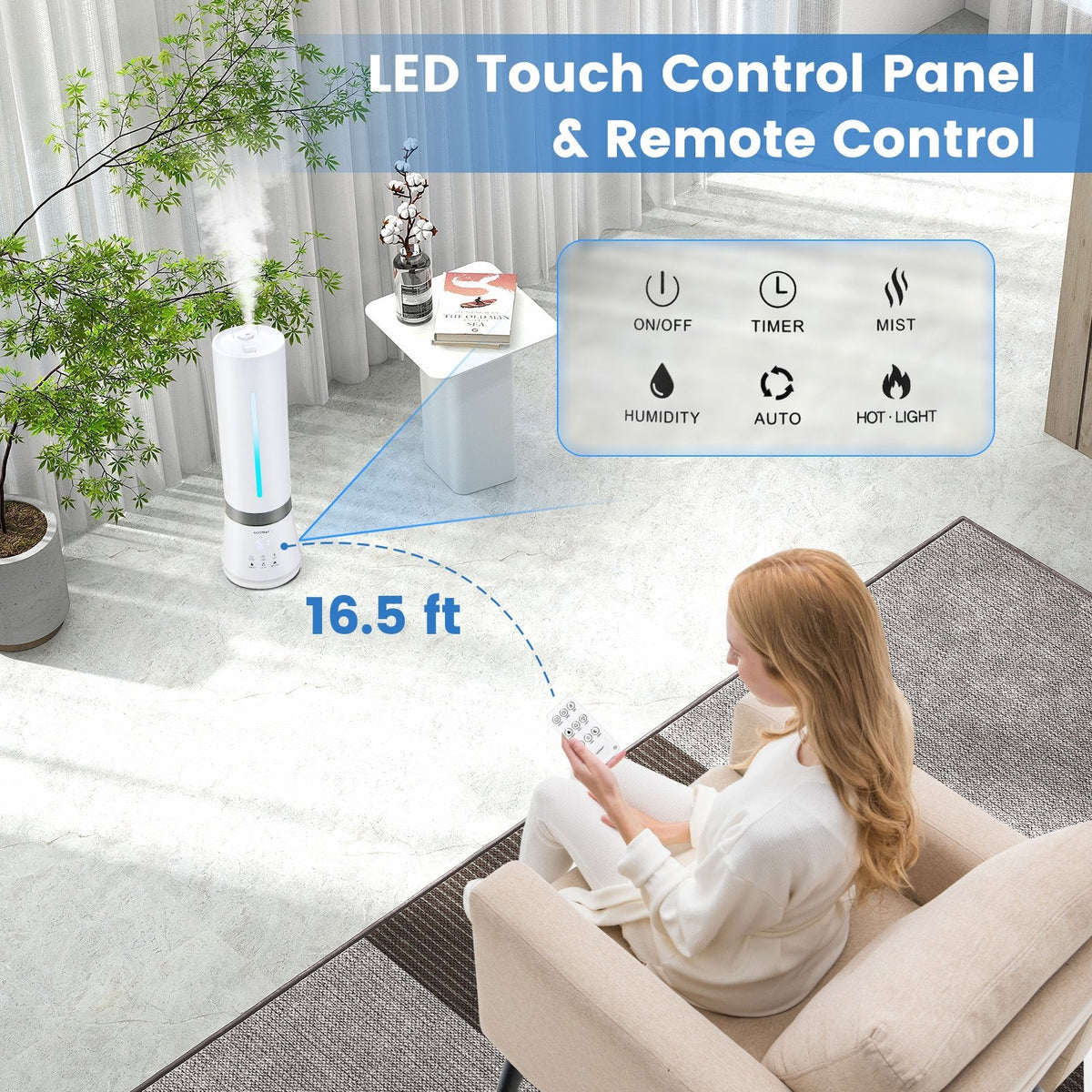 9 L Warm and Cool Mist Humidifier, 60 Hour Runtime, 2 Nozzles, 35 dB, Remote, Top Fill, White