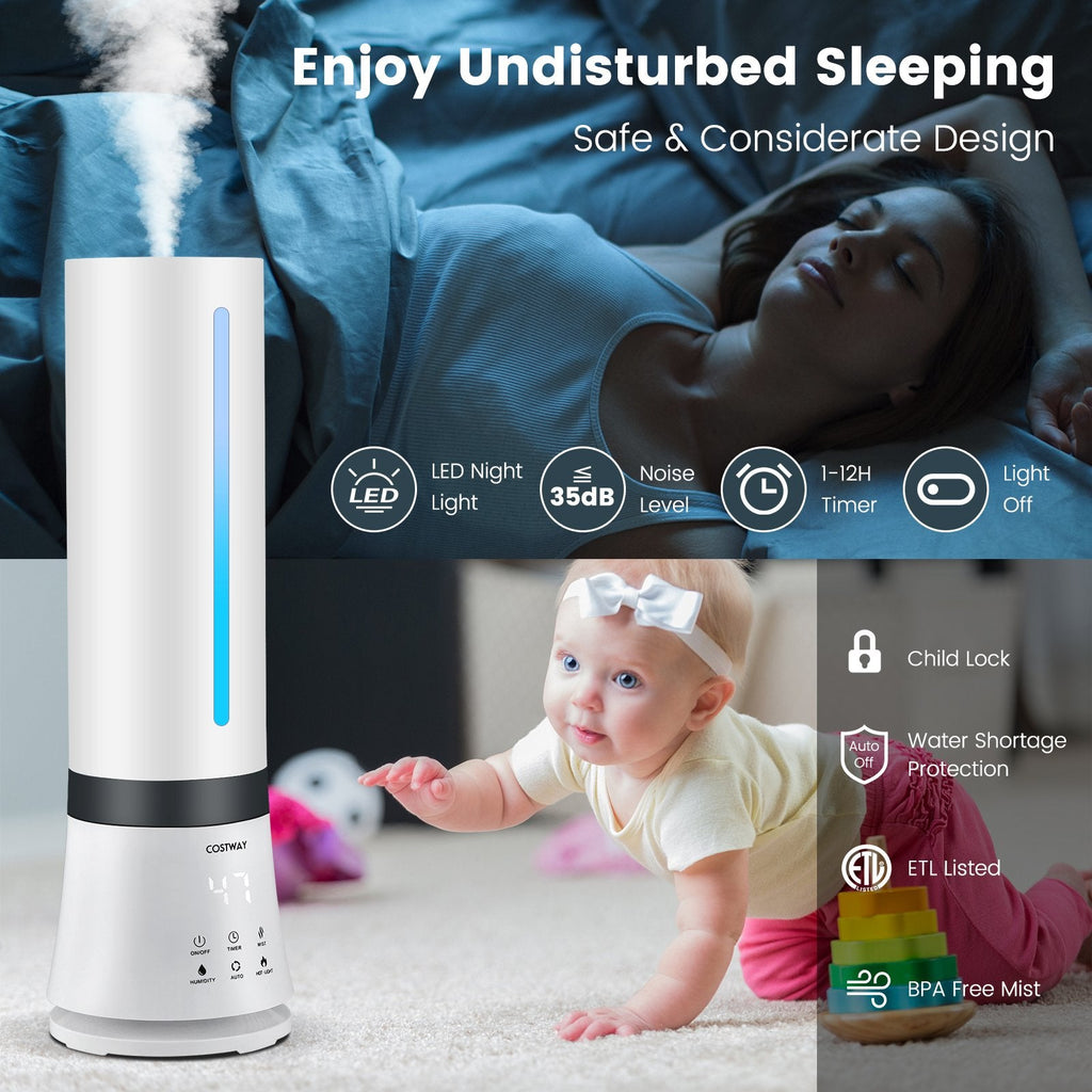 9 L Warm and Cool Mist Humidifier, 60 Hour Runtime, 2 Nozzles, 35 dB, Remote, Top Fill, White