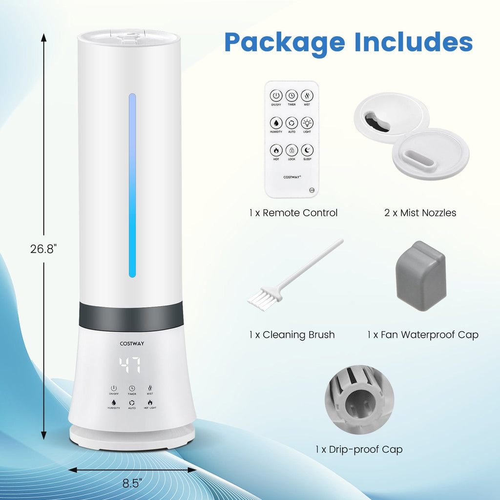 9 L Warm and Cool Mist Humidifier, 60 Hour Runtime, 2 Nozzles, 35 dB, Remote, Top Fill, White