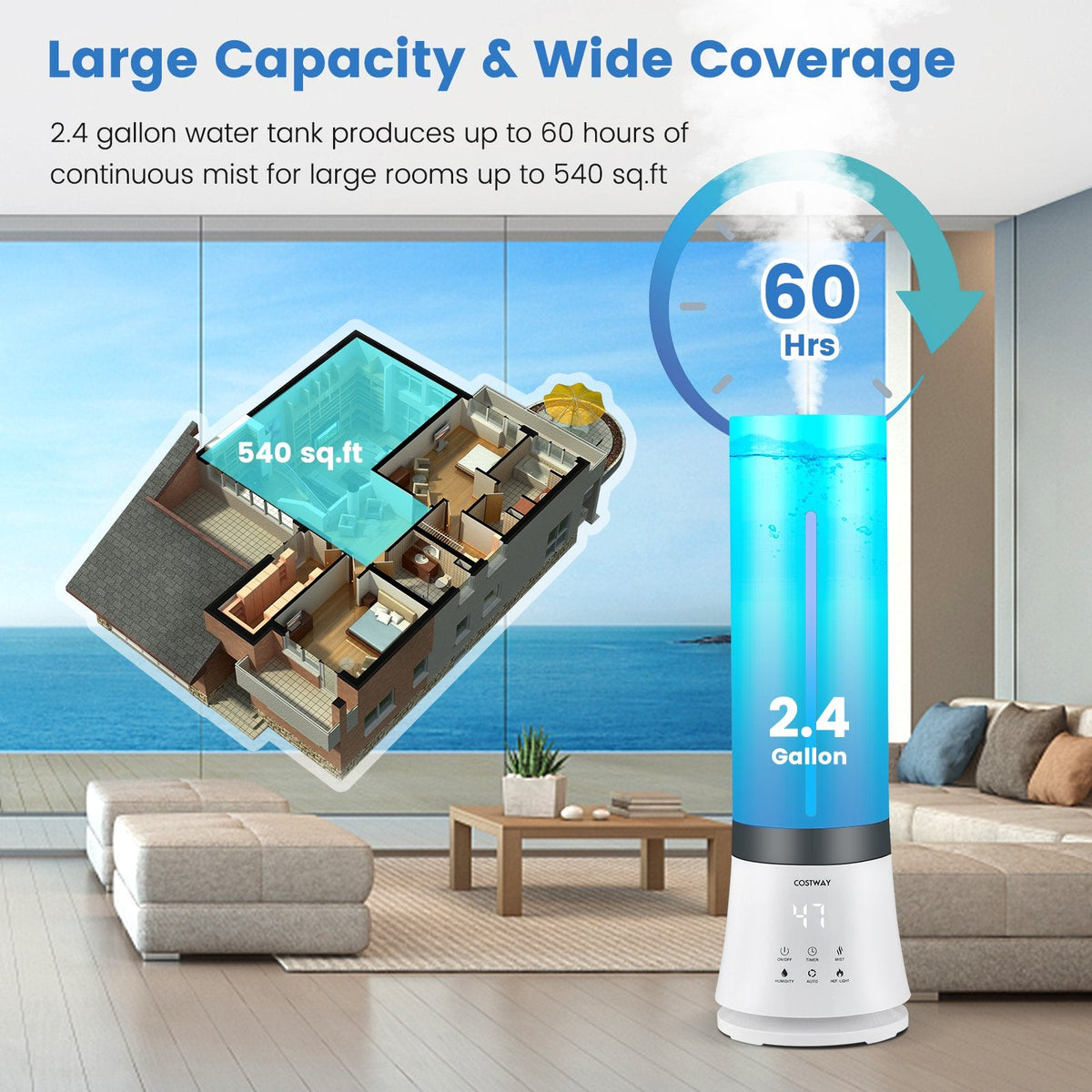 9 L Warm and Cool Mist Humidifier, 60 Hour Runtime, 2 Nozzles, 35 dB, Remote, Top Fill, White