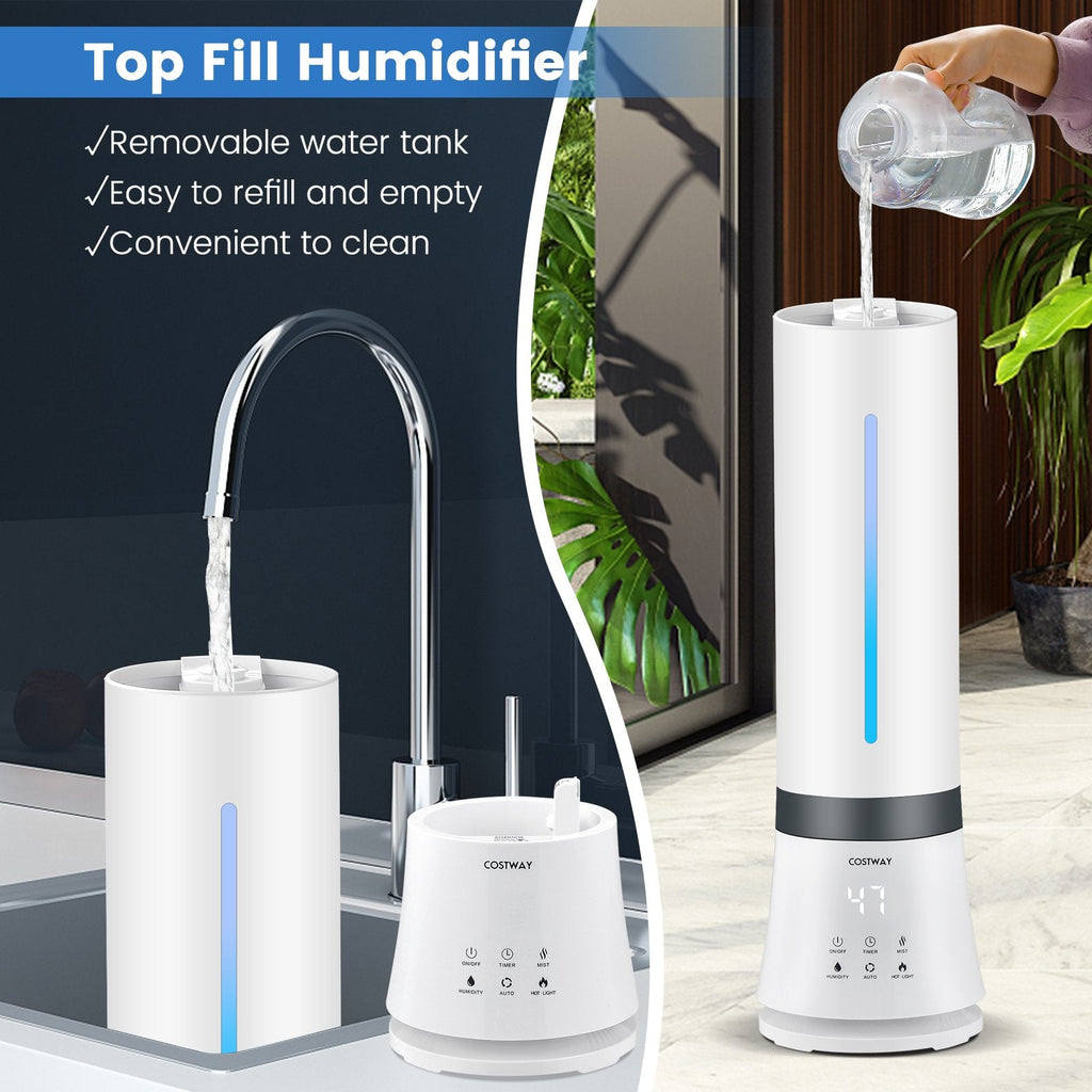 9 L Warm and Cool Mist Humidifier, 60 Hour Runtime, 2 Nozzles, 35 dB, Remote, Top Fill, White
