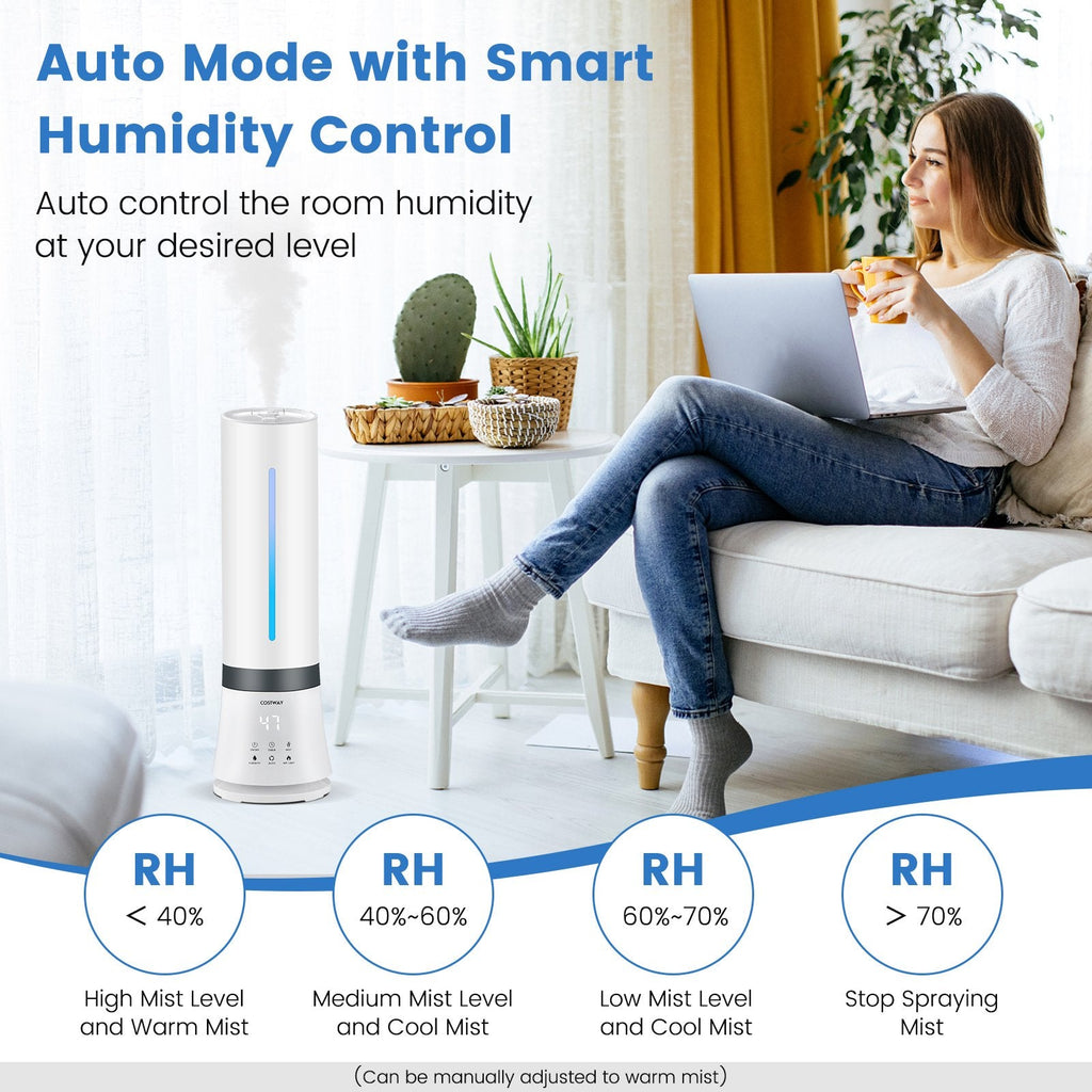 9 L Warm and Cool Mist Humidifier, 60 Hour Runtime, 2 Nozzles, 35 dB, Remote, Top Fill, White