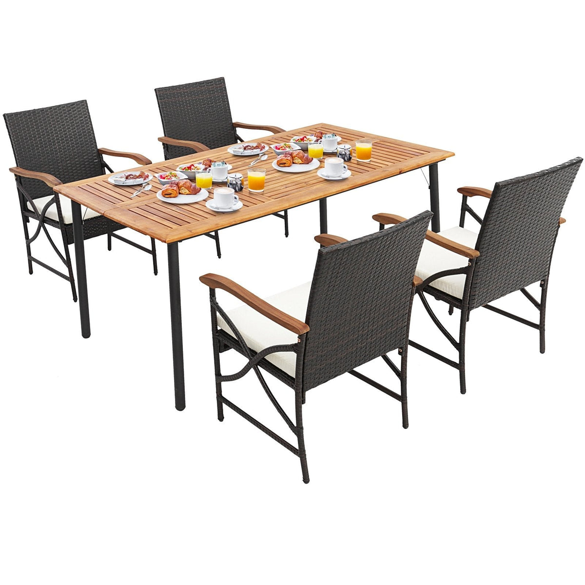 Ensemble de salle à manger d’extérieur 5 pièces, table de 63 pouces avec plateau en acacia, trou pour parasol de 1,9 pouce et 4 fauteuils en résine tressée avec accoudoirs en bois