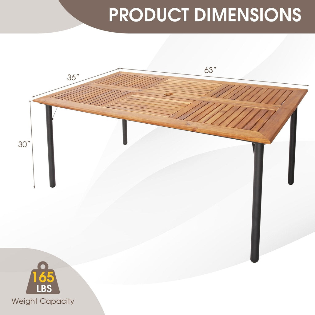 Ensemble de salle à manger d’extérieur 5 pièces, table de 63 pouces avec plateau en acacia, trou pour parasol de 1,9 pouce et 4 fauteuils en résine tressée avec accoudoirs en bois