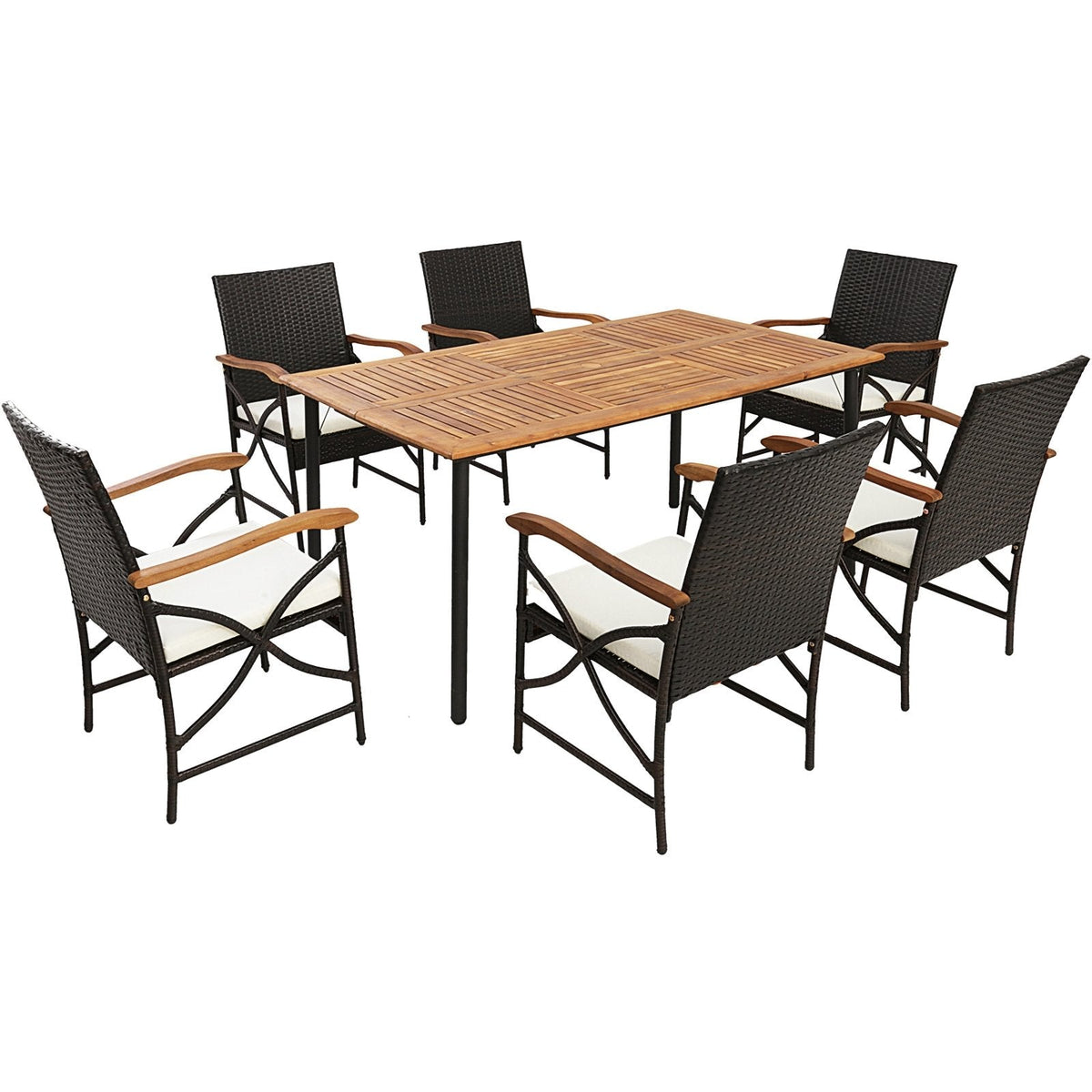 Ensemble de repas d'extérieur 7 pièces pour 6 personnes, table de 63 pouces à plateau en acacia avec trou pour parasol de 1,9 pouce et 6 fauteuils en osier