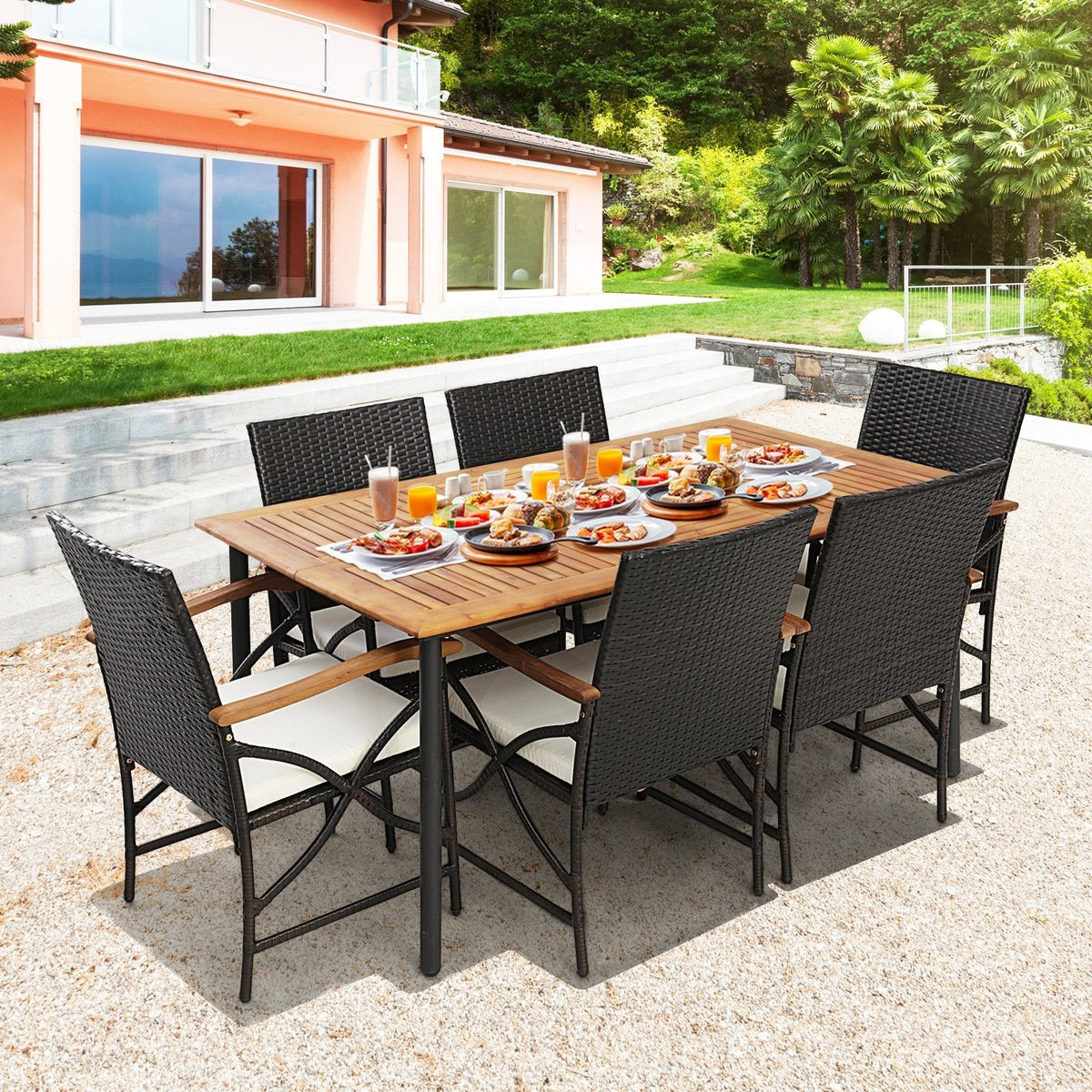 Ensemble de repas d'extérieur 7 pièces pour 6 personnes, table de 63 pouces à plateau en acacia avec trou pour parasol de 1,9 pouce et 6 fauteuils en osier