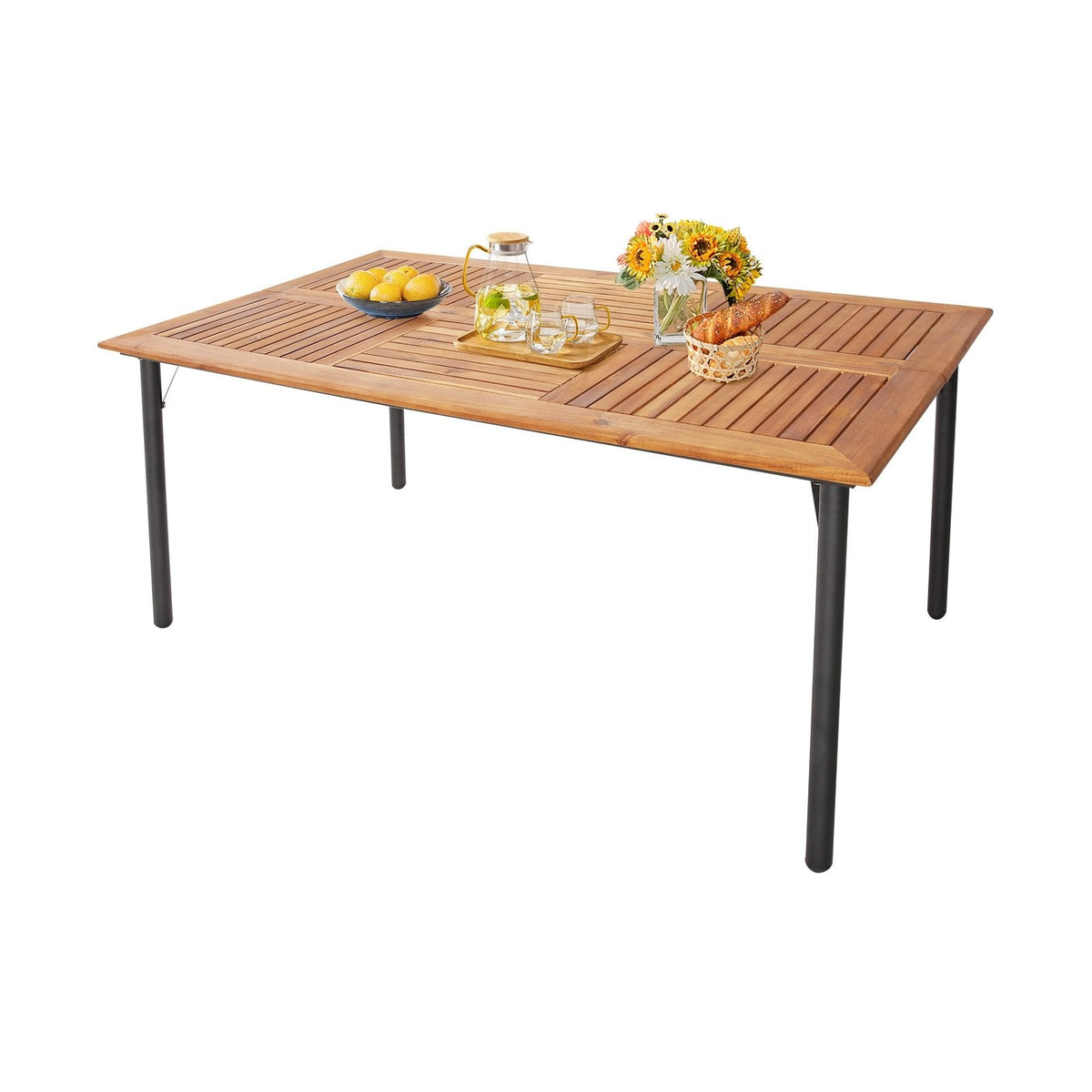 Ensemble de repas d'extérieur 7 pièces pour 6 personnes, table de 63 pouces à plateau en acacia avec trou pour parasol de 1,9 pouce et 6 fauteuils en osier