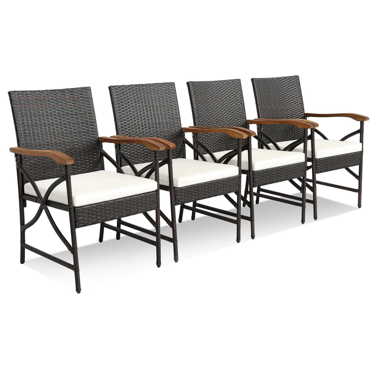 Ensemble de repas d'extérieur 7 pièces pour 6 personnes, table de 63 pouces à plateau en acacia avec trou pour parasol de 1,9 pouce et 6 fauteuils en osier