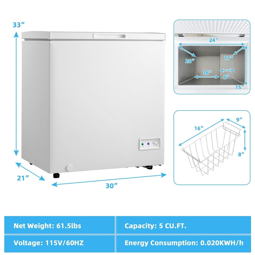 3,5/5 pi³ Congélateur coffre compact avec panier de rangement amovible - 5 pieds cubes