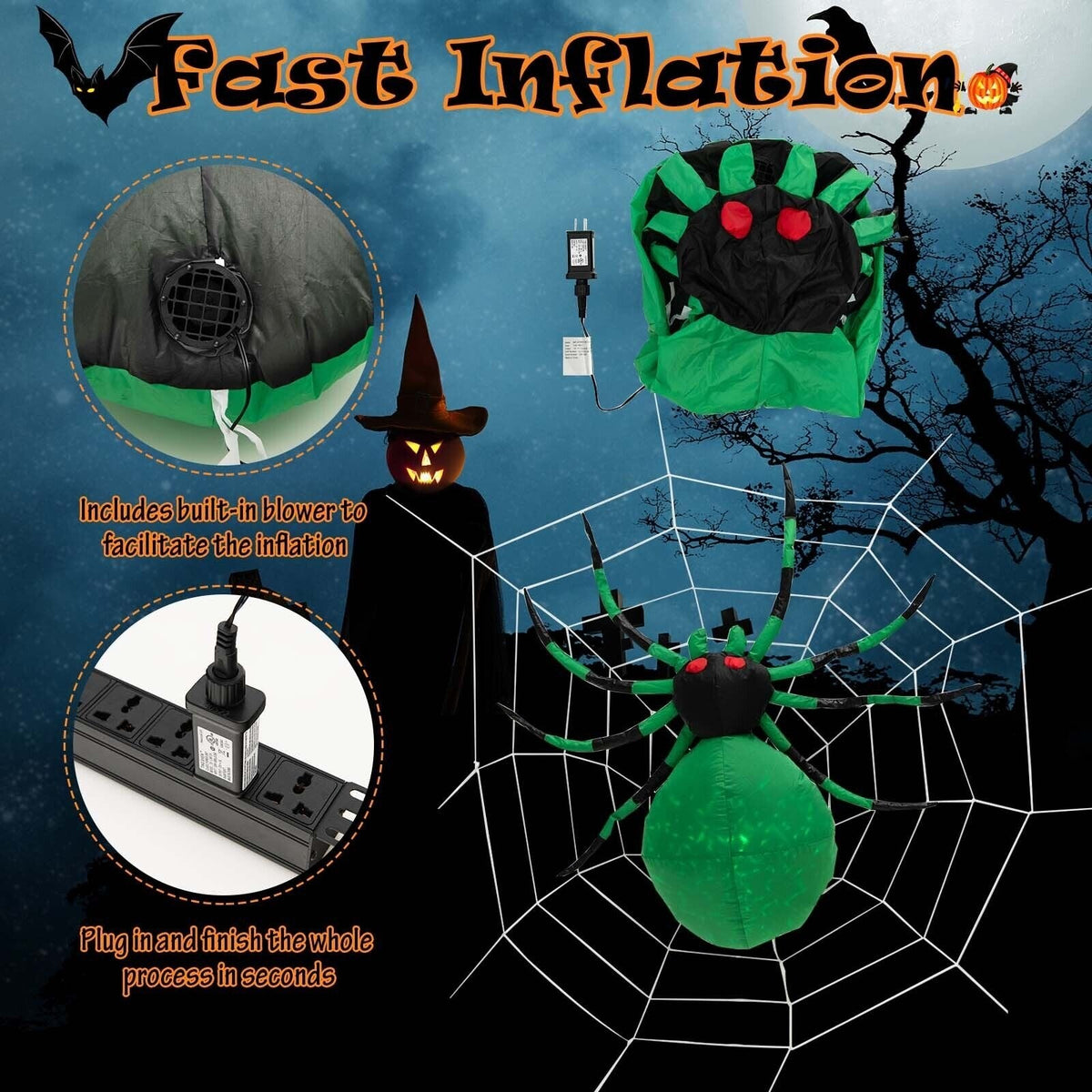 Araignée d'Halloween gonflable effrayante de 1,52 m de long avec toile d'araignée et LED
