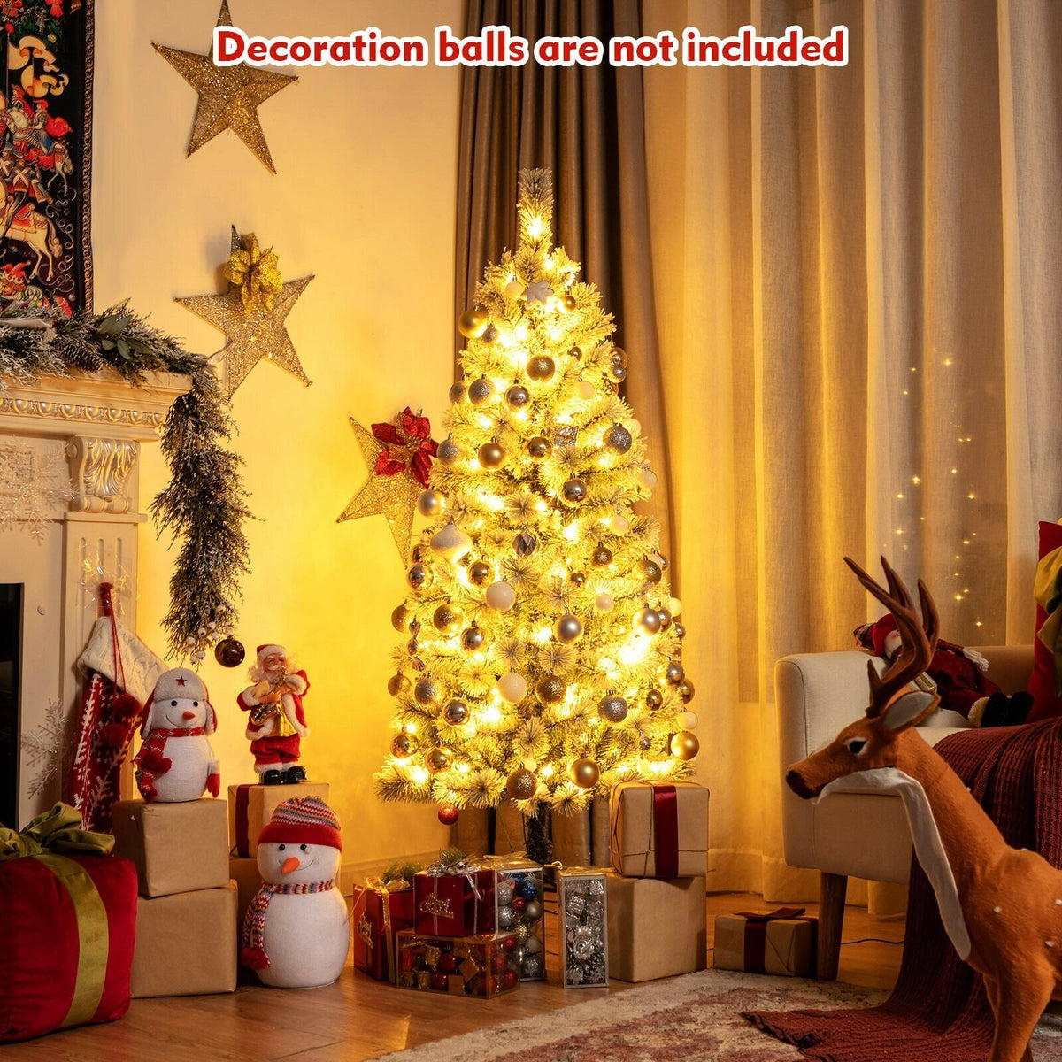5 FT Pre-Lit Snow Flocked Hinged Christmas Tree with 279 Tips, 140 Colour LEDs and Remote