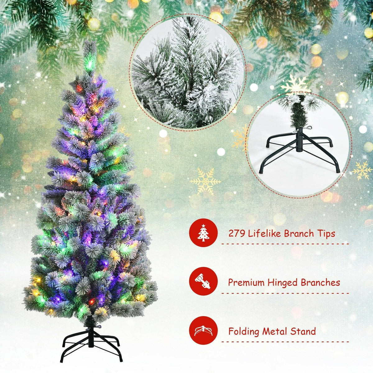 5 FT Pre-Lit Snow Flocked Hinged Christmas Tree with 279 Tips, 140 Colour LEDs and Remote