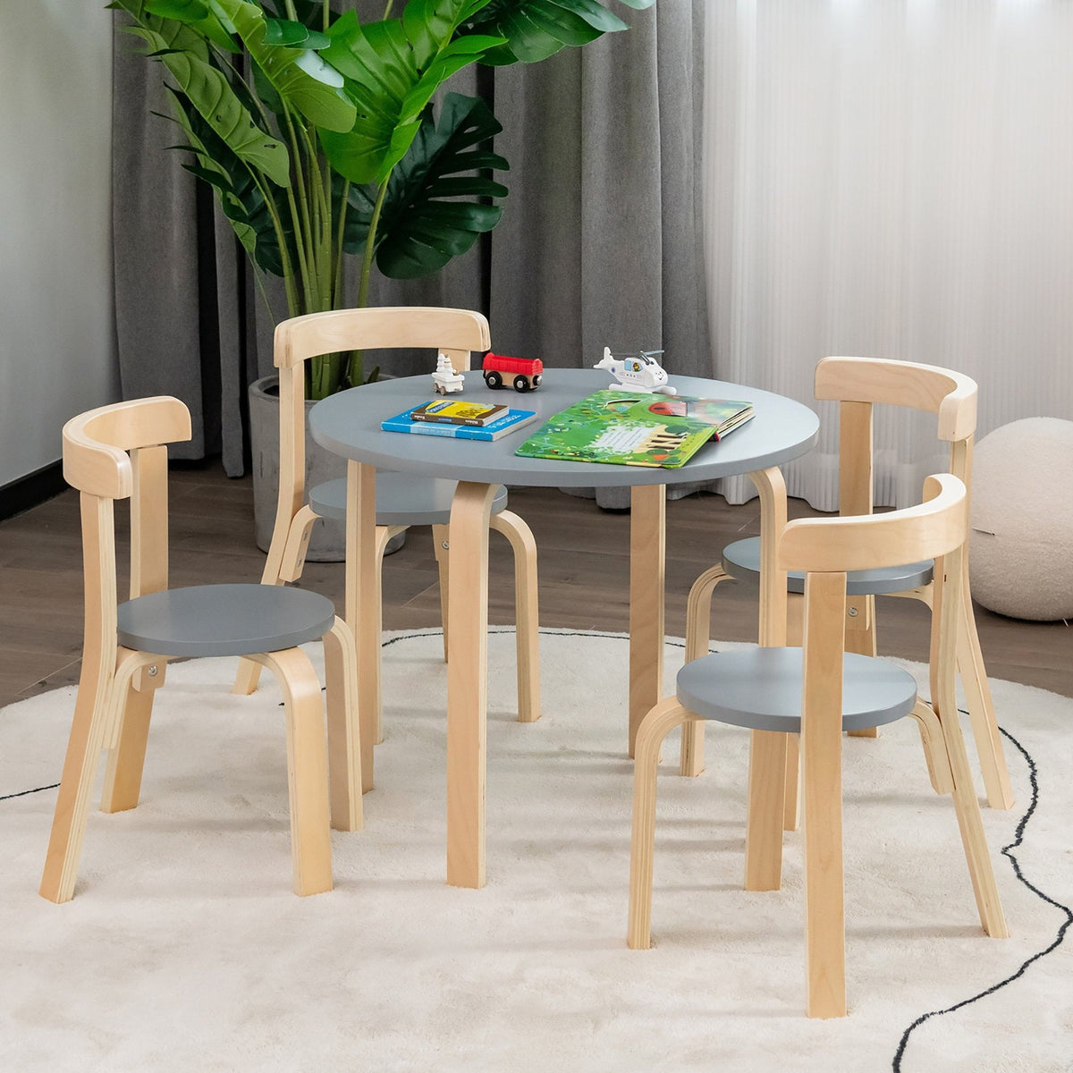 子供用木製円形テーブル＆カーブバックチェア4脚 5点セット（玩具ブロック付き）、グレー