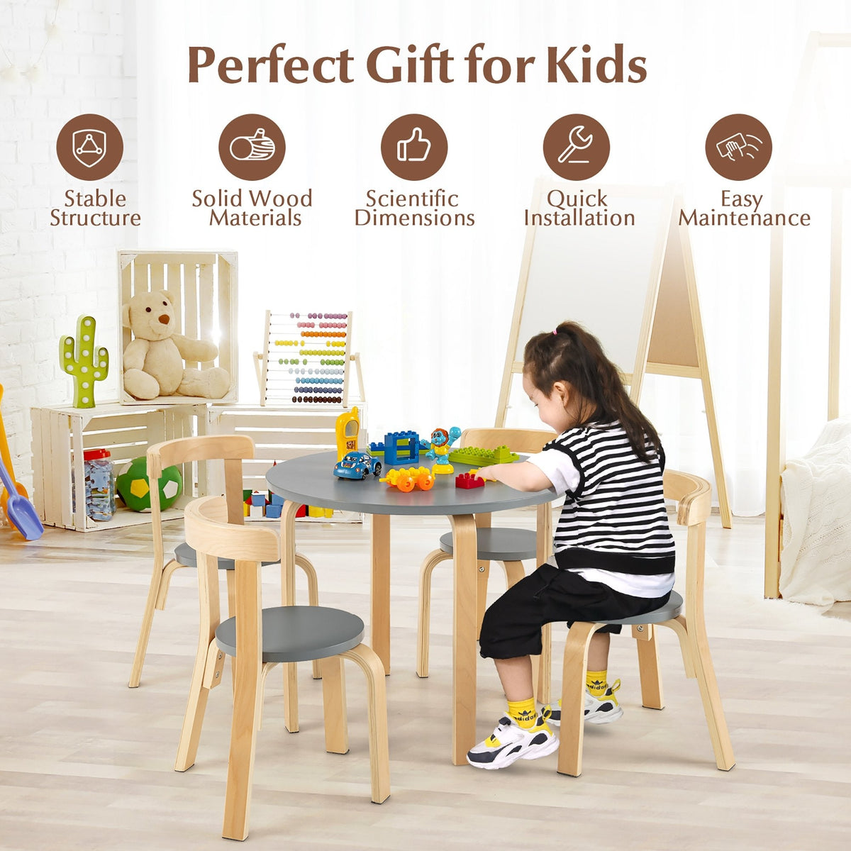子供用木製円形テーブル＆カーブバックチェア4脚 5点セット（玩具ブロック付き）、グレー