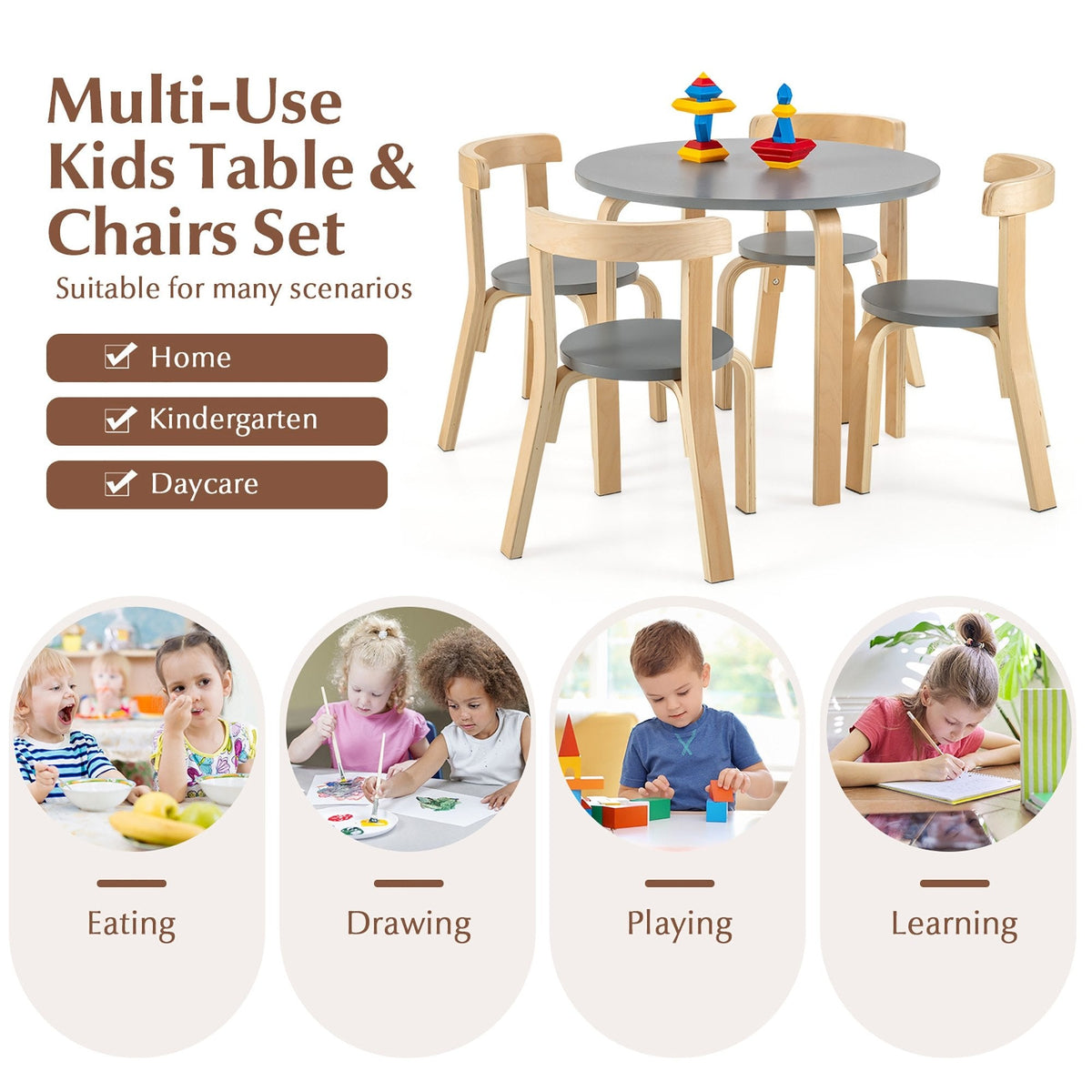 子供用木製円形テーブル＆カーブバックチェア4脚 5点セット（玩具ブロック付き）、グレー