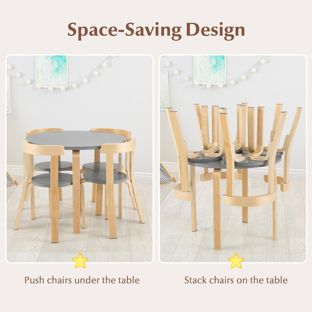 子供用木製円形テーブル＆カーブバックチェア4脚 5点セット（玩具ブロック付き）、グレー