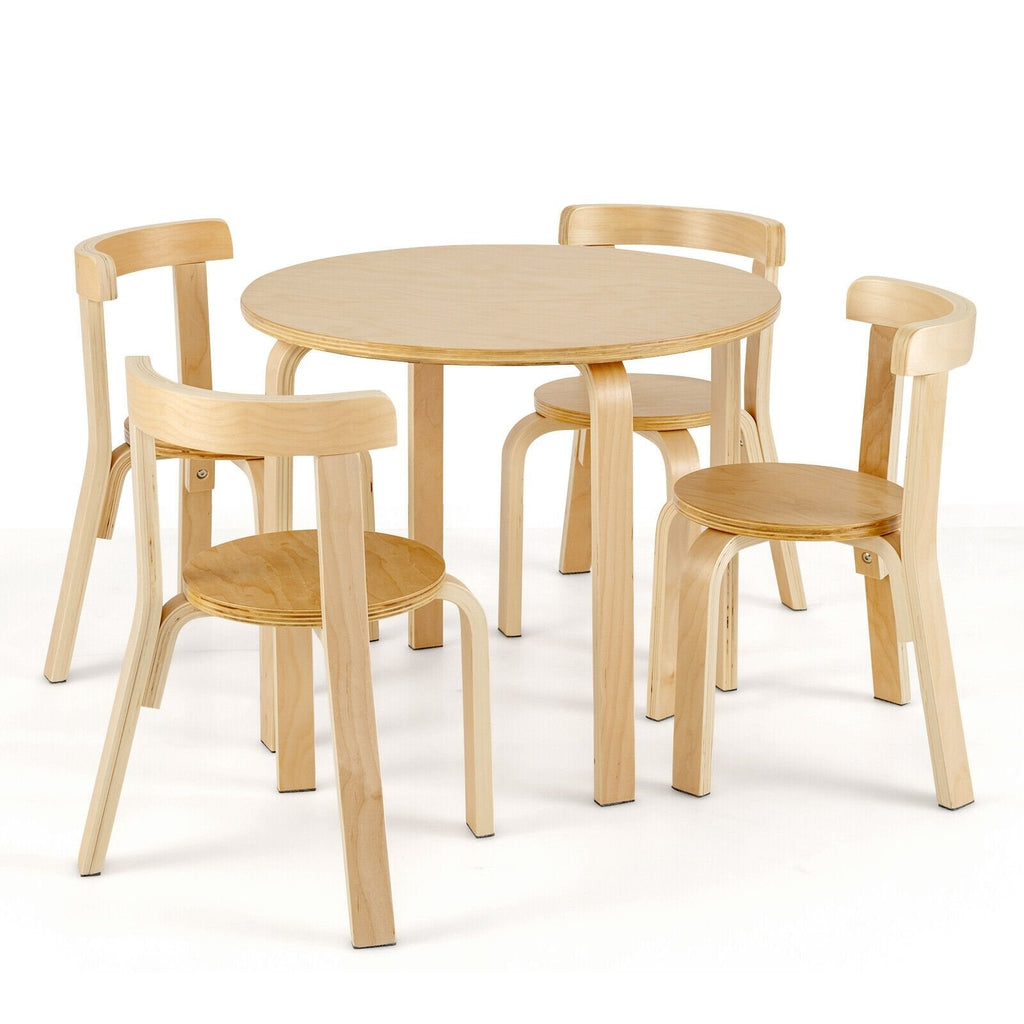 Juego de 5 piezas de mesa y sillas de actividad de madera con respaldo curvo para niños con ladrillos de juguete-Natural