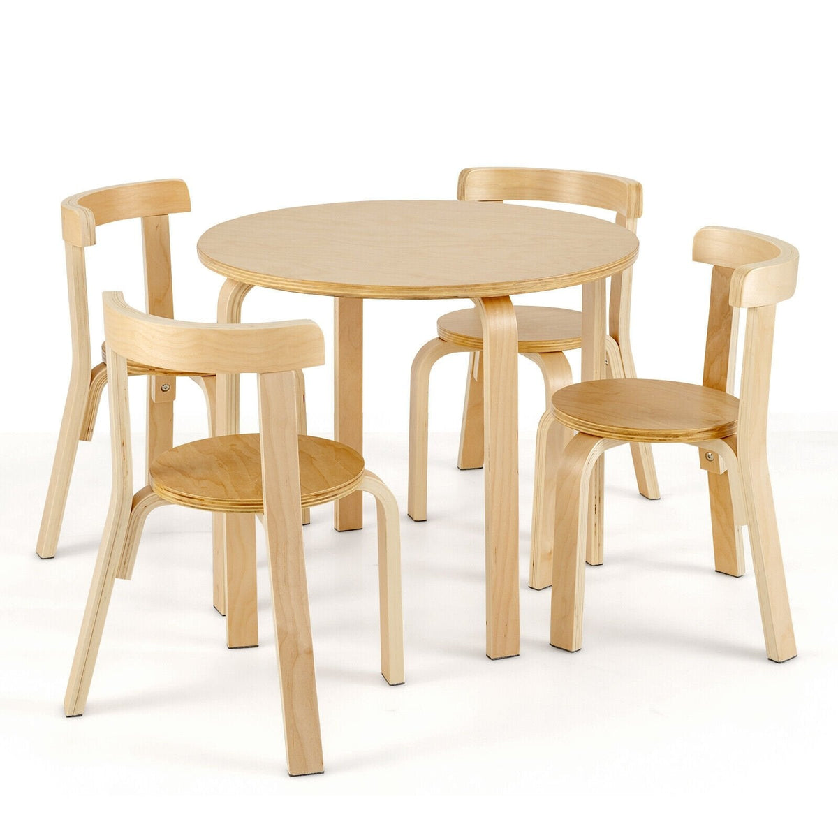 Juego de 5 piezas de mesa y sillas de actividad de madera con respaldo curvo para niños con ladrillos de juguete-Natural