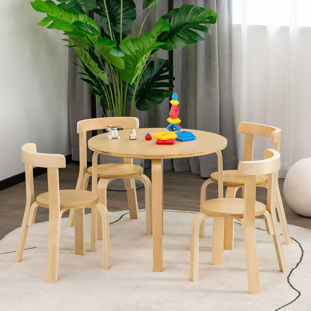 Juego de 5 piezas de mesa y sillas de actividad de madera con respaldo curvo para niños con ladrillos de juguete-Natural