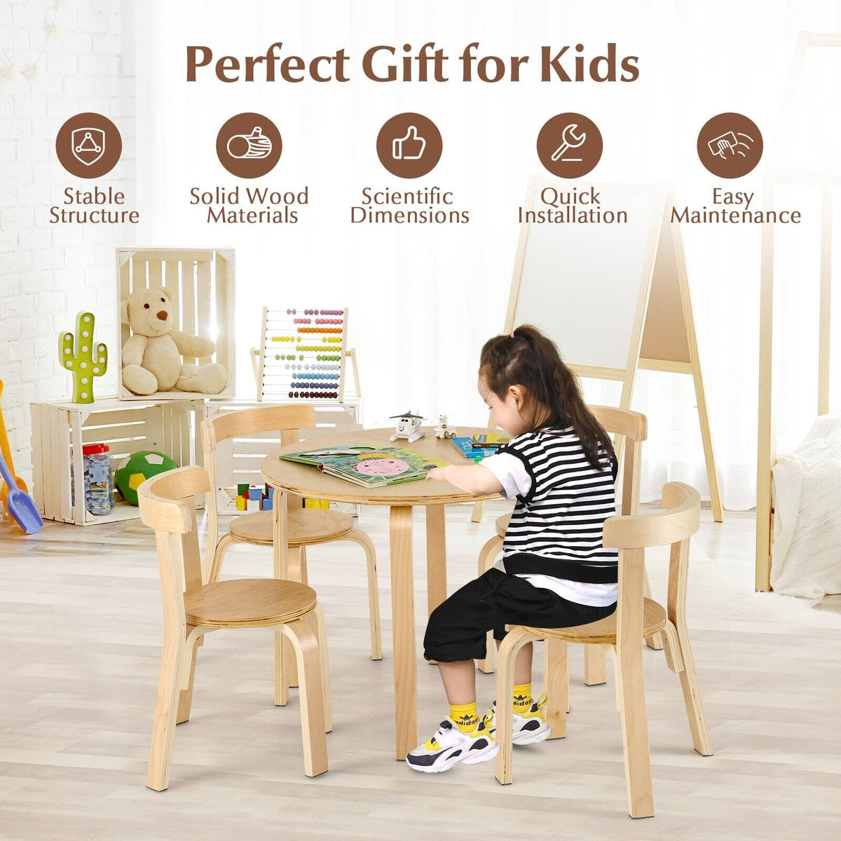 Juego de 5 piezas de mesa y sillas de actividad de madera con respaldo curvo para niños con ladrillos de juguete-Natural