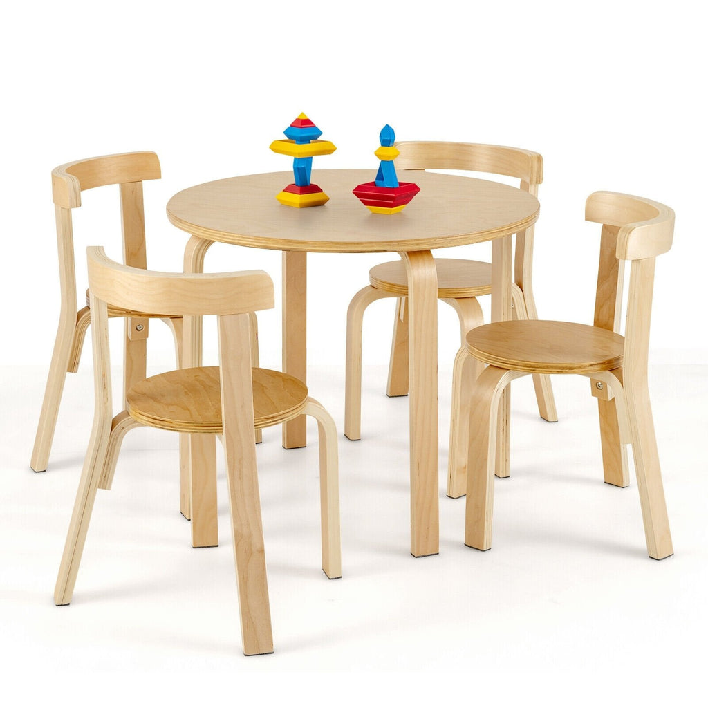 Juego de 5 piezas de mesa y sillas de actividad de madera con respaldo curvo para niños con ladrillos de juguete-Natural