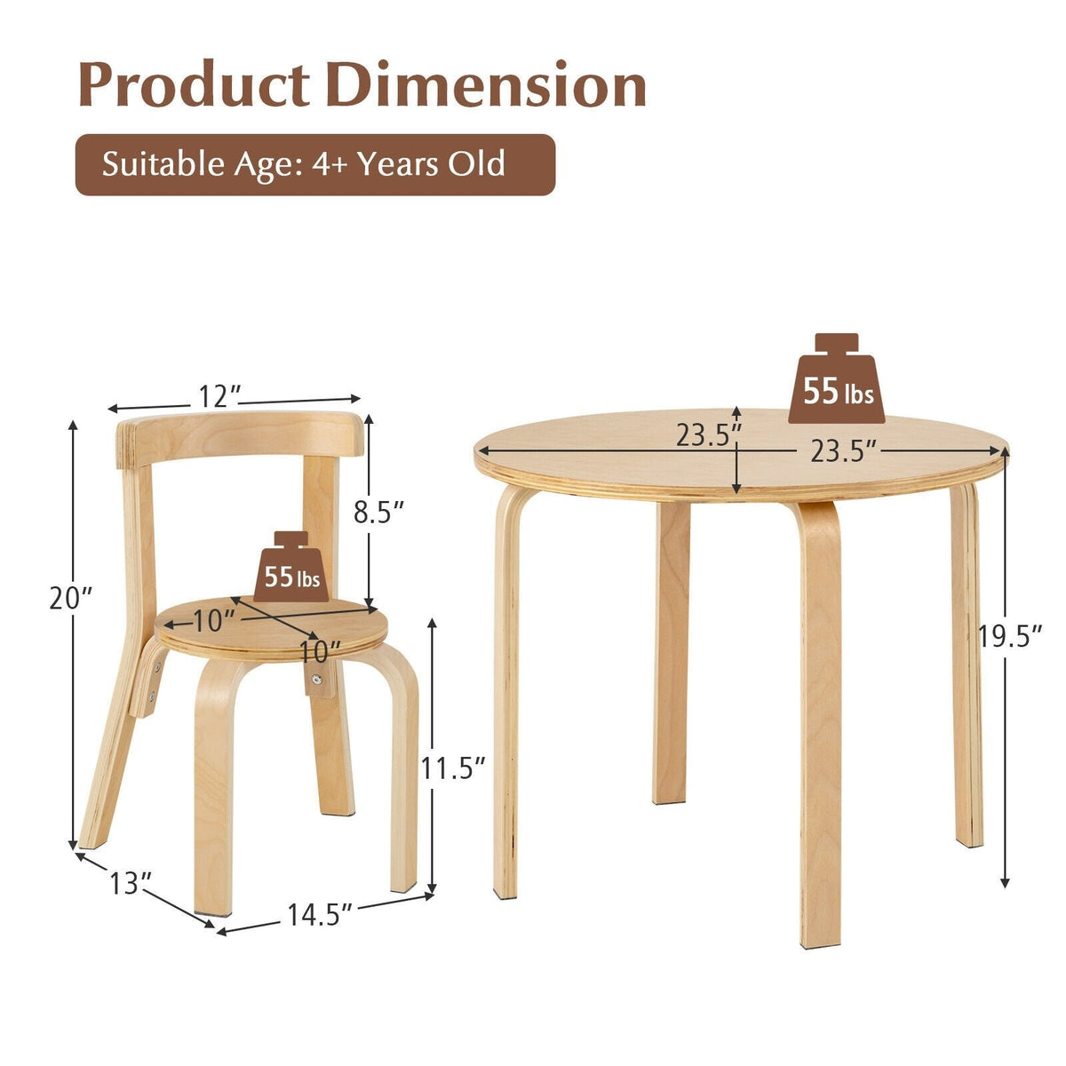 Juego de 5 piezas de mesa y sillas de actividad de madera con respaldo curvo para niños con ladrillos de juguete-Natural